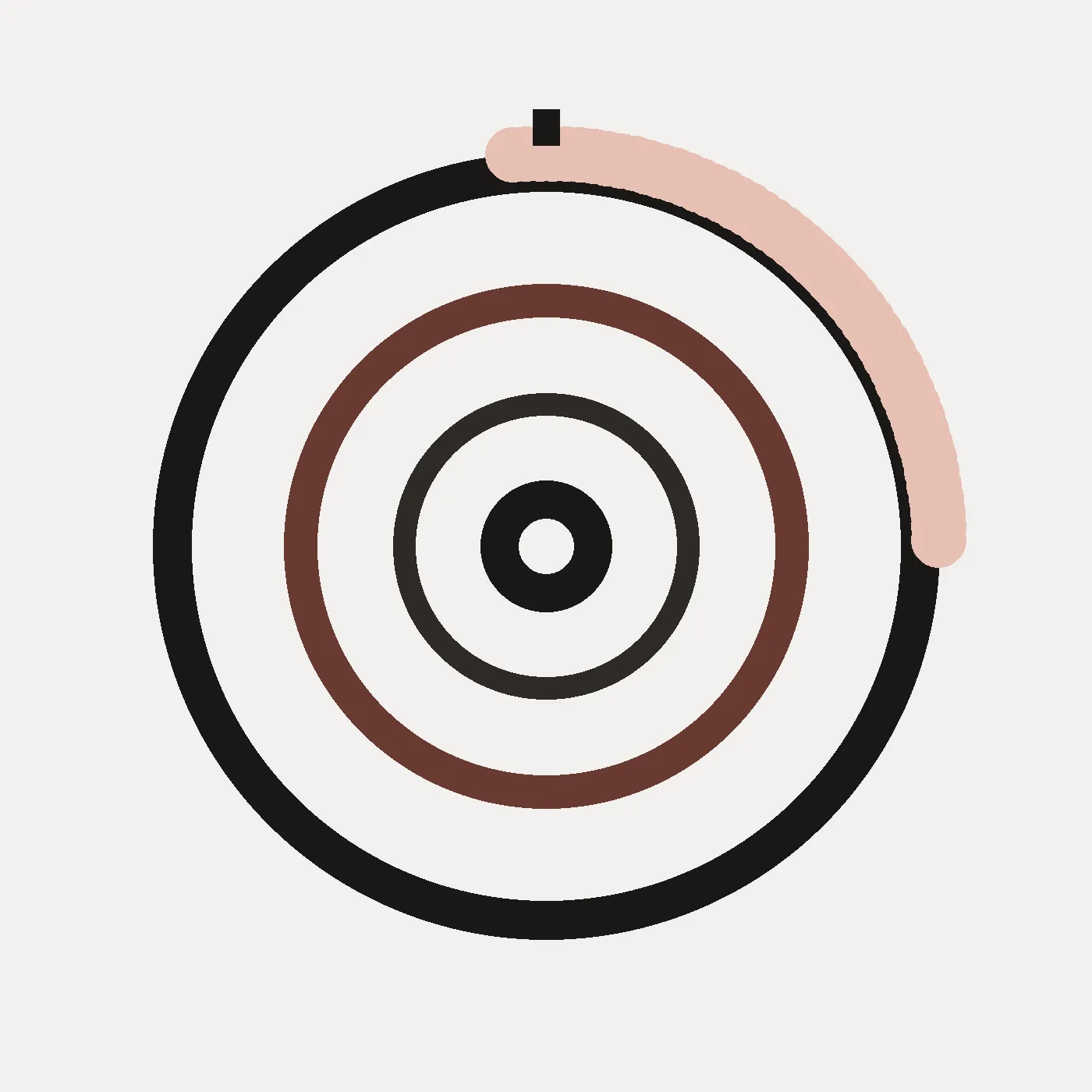 Concentric focus rings with an umber mid ring and sand pulse arc on warm paper.